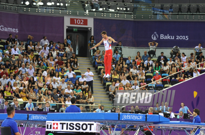 Bakı-2015 Avropa Oyunları çərçivəsində batut gimnastikası üzrə kişilər və qadınlar arasında təsnifat yarışları. Azərbaycan, 17 iyun 2015 